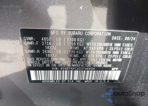 2025 Subaru Outback Touring from USA, damaged, VIN 4S4BTAPCXS3146604